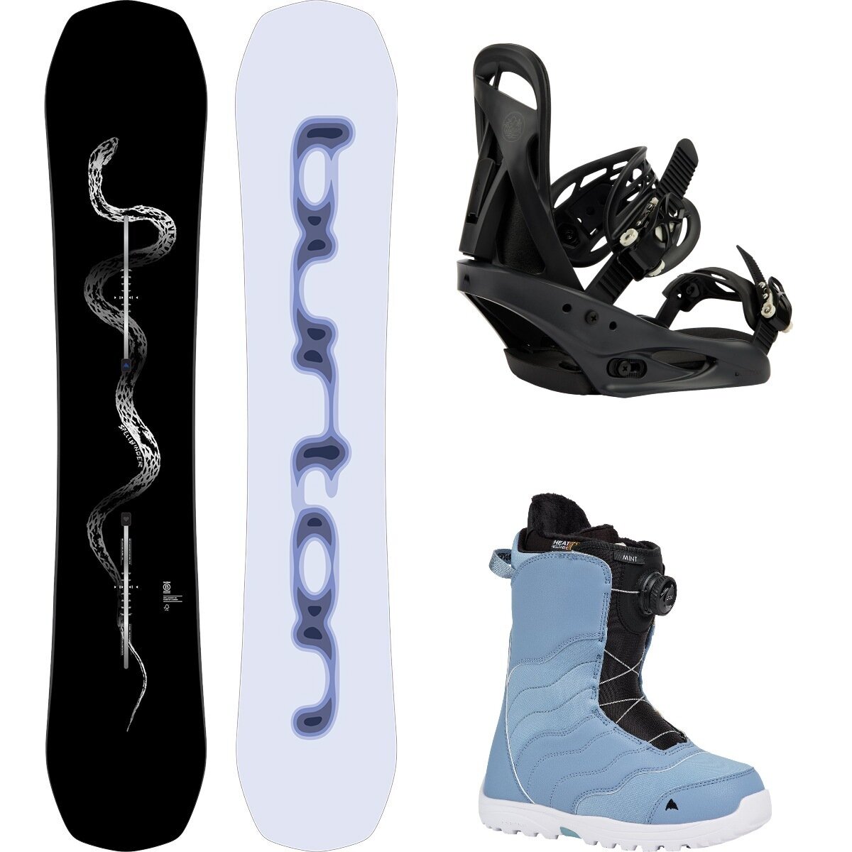Image of Burton Spellbinder w/ Mint BOA + Citizen Re:Flex Snowboard Package Serpent,Black,Airstrm Blu, 150cm,L,9.5
