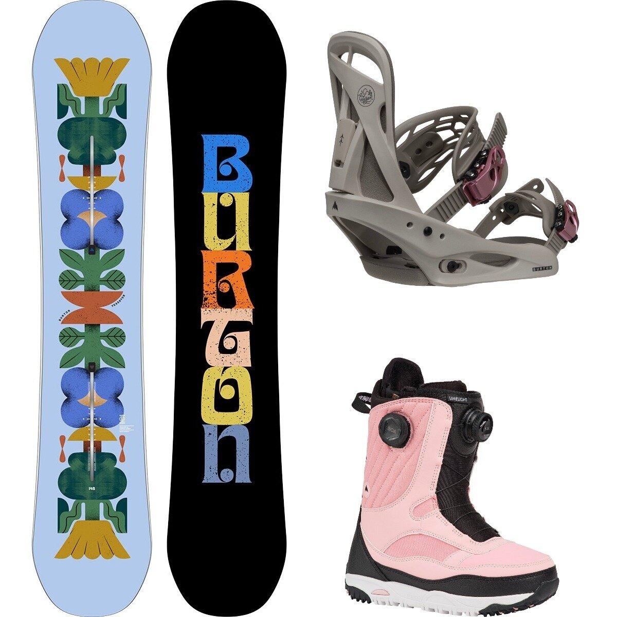 Image of Burton Yeasayer w/ Limelight Boa + Citizen Re:Flex Snowboard Pkg Flora,Chinchilla Gray,Black/Pink, 148cm,M,7