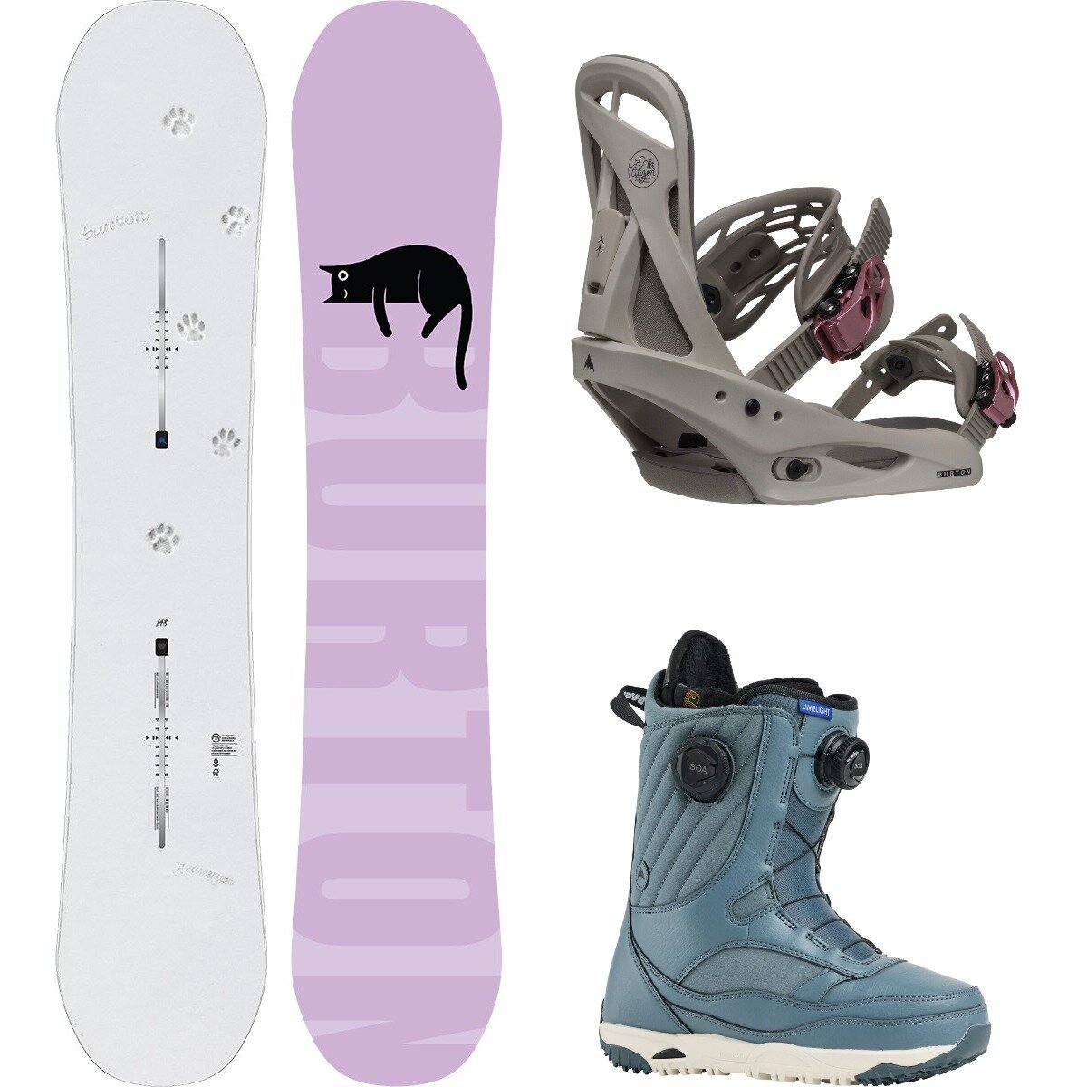 Image of Burton Yeasayer w/ Limelight Boa + Citizen Re:Flex Snowboard Pkg Paws,Chinchilla Gray,Pewter, 144cm,L,9.5