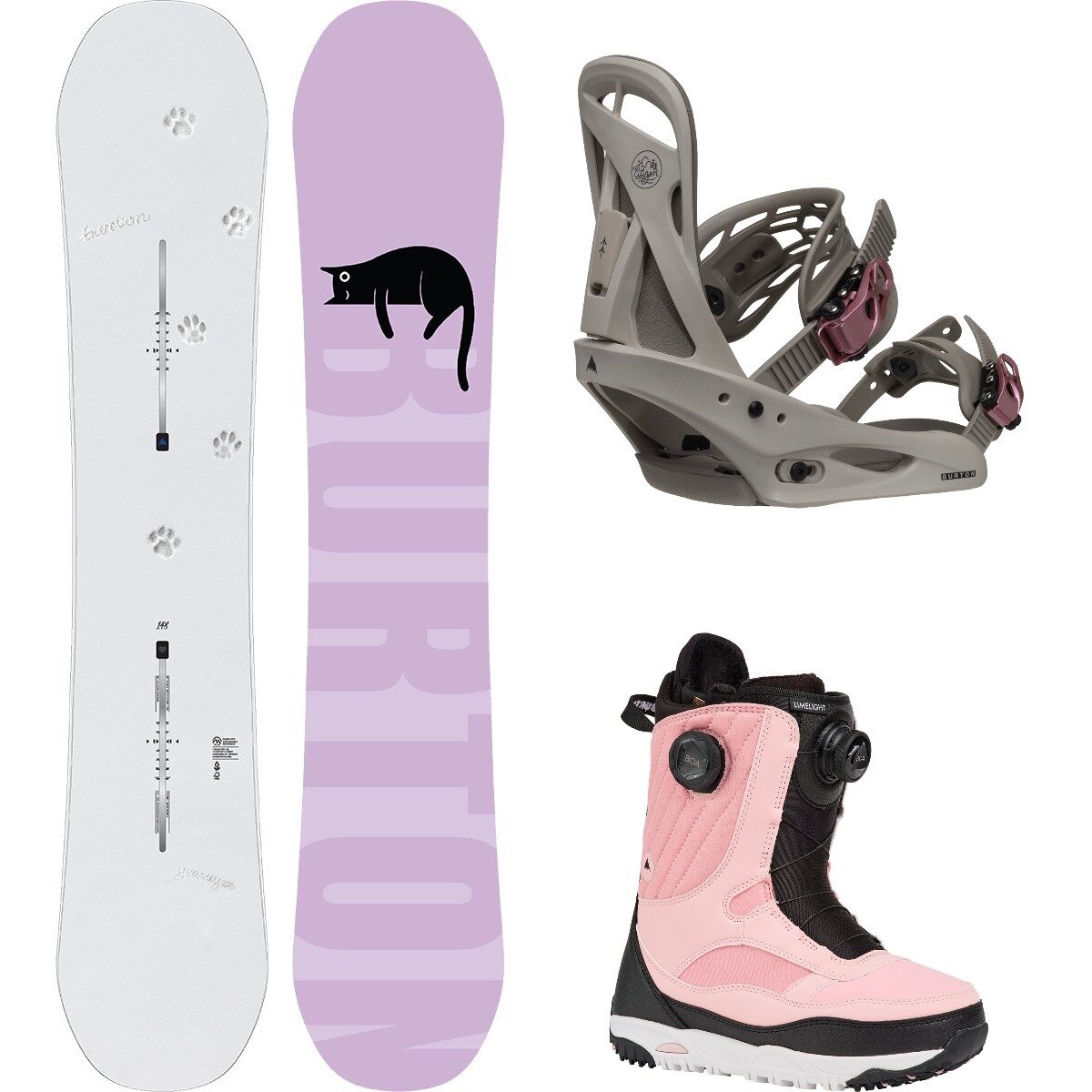 Image of Burton Yeasayer w/ Limelight Boa + Citizen Re:Flex Snowboard Pkg Paws,Chinchilla Gray,Black/Pink, 148cm,L,8