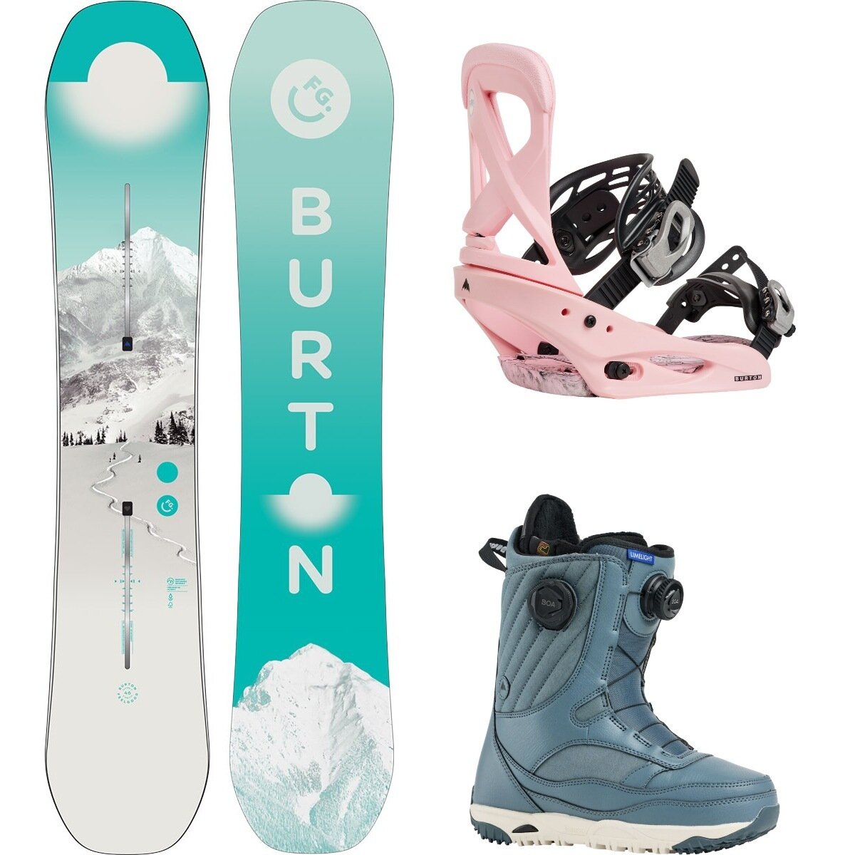 Image of Burton Yeasayer w/ Limelight Boa + Scribe Re:Flex Snowboard Package First Tracks,Pink,Pewter, 152cm,L,10