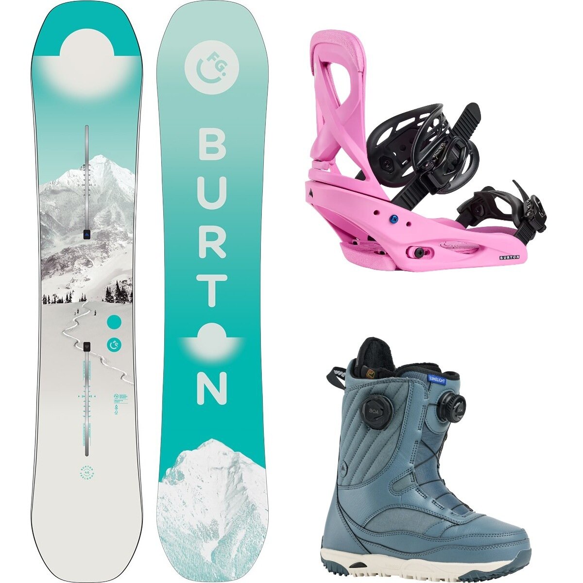 Image of Burton Yeasayer w/ Limelight Boa + Scribe Re:Flex Snowboard Package First Tracks,Fuchsia Pink,Pewter, 152cm,L,9.5
