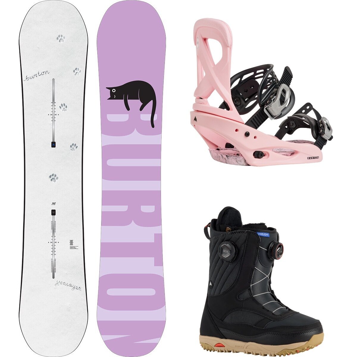 Image of Burton Yeasayer w/ Limelight Boa + Scribe Re:Flex Snowboard Package Paws,Pink,Black, 152cm,M,6.5