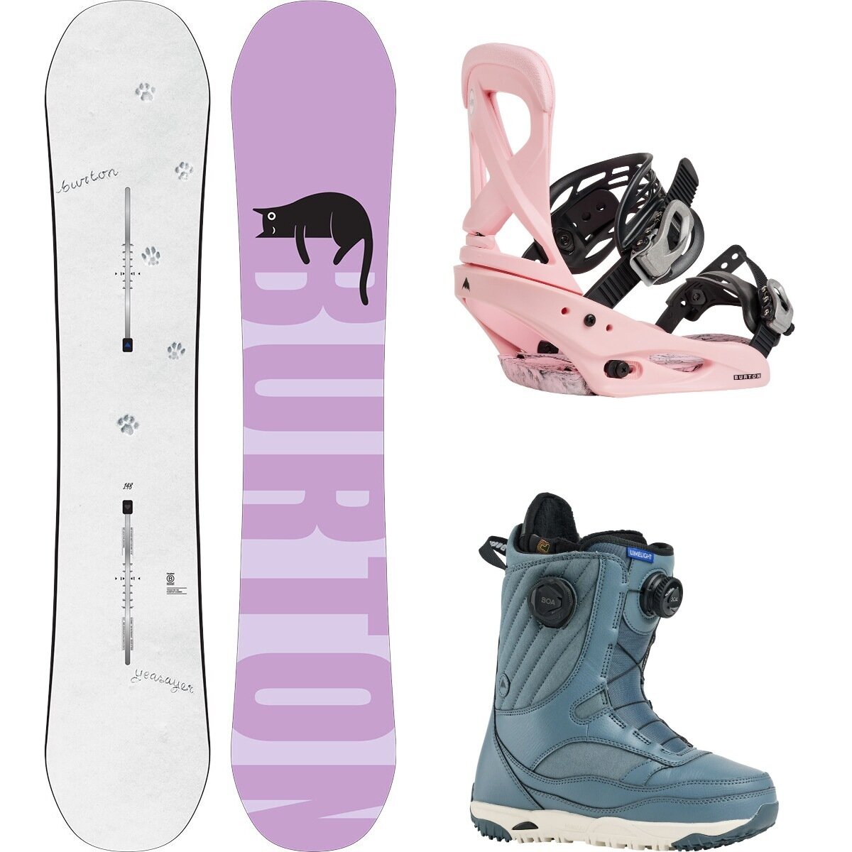 Image of Burton Yeasayer w/ Limelight Boa + Scribe Re:Flex Snowboard Package Paws,Pink,Pewter, 144cm,L,10