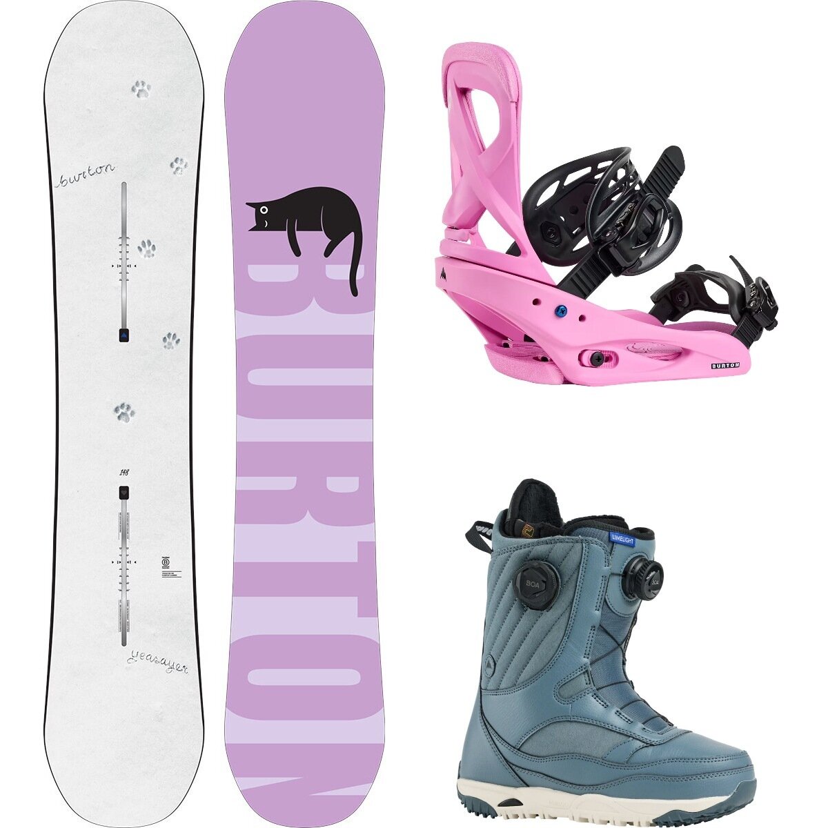 Image of Burton Yeasayer w/ Limelight Boa + Scribe Re:Flex Snowboard Package Paws,Fuchsia Pink,Pewter, 144cm,L,9.5