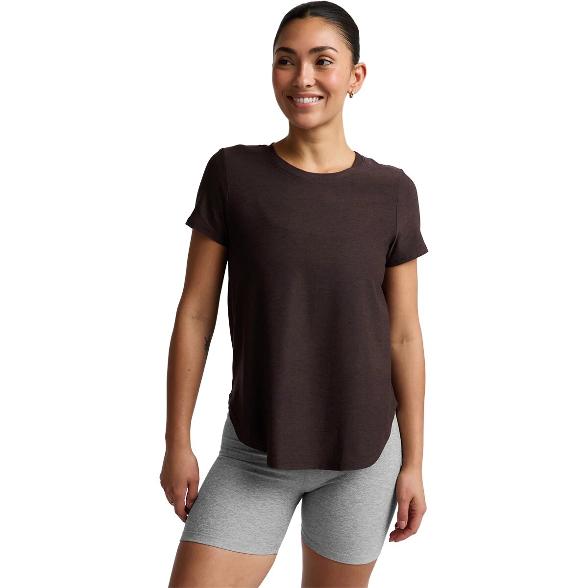 Image of Beyond Yoga On The Down Low T-Shirt - Women's Dark Chocolate Heather, S