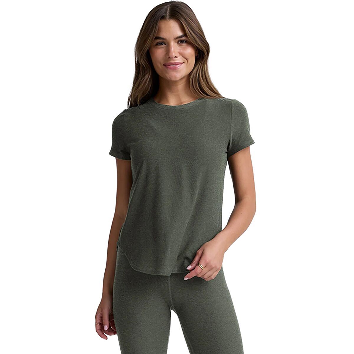 Image of Beyond Yoga On The Down Low T-Shirt - Women's Dusty Forest Heather, M