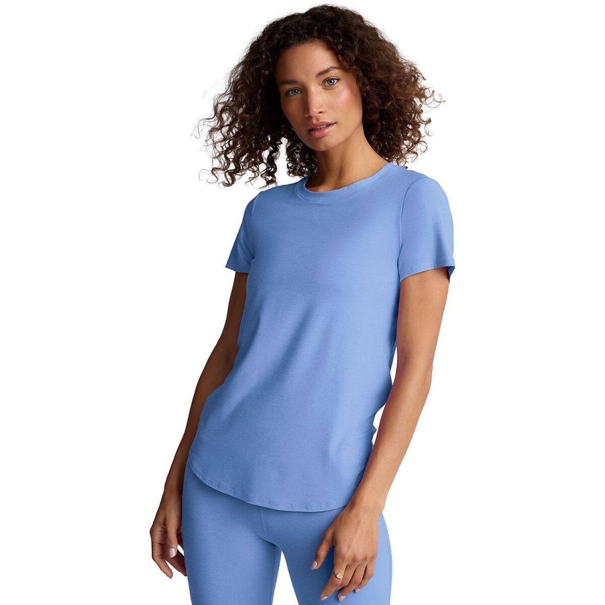 Image of Beyond Yoga On The Down Low T-Shirt - Women's Flower Blue Heather, S