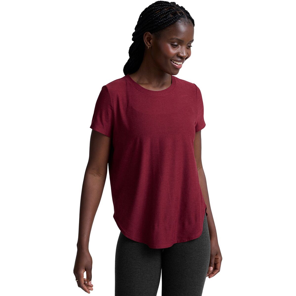 Image of Beyond Yoga On The Down Low T-Shirt - Women's Ruby Rush Heather, S