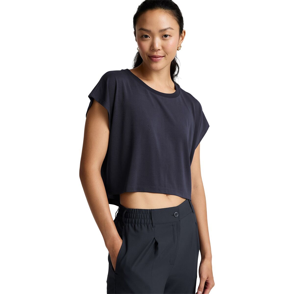 Image of Beyond Yoga Studio Knit Cropped T-Shirt - Women's Nocturnal Navy, M