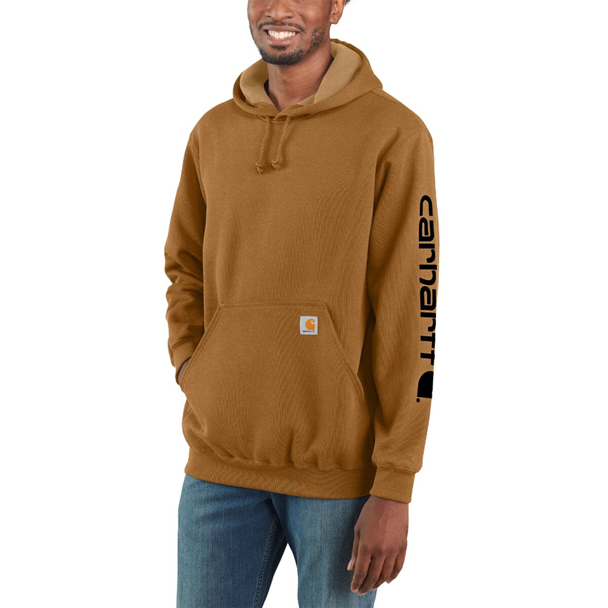 Image of Carhartt Midweight Signature Sleeve Hooded Sweatshirt - Men's Carhartt Brown, S