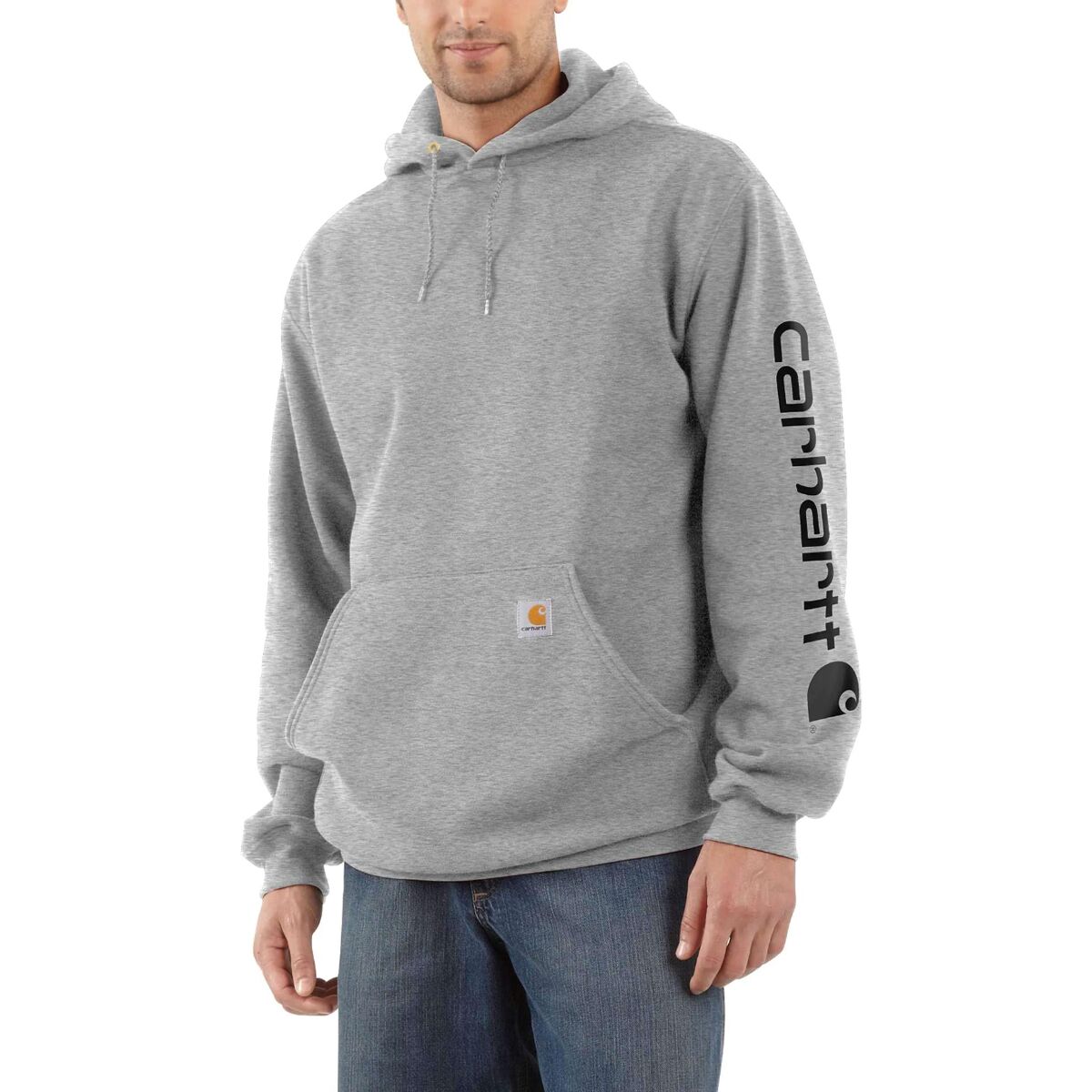 Image of Carhartt Midweight Signature Sleeve Hooded Sweatshirt - Men's Heather Gray/Black, S
