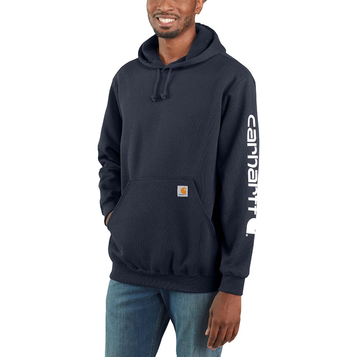 Image of Carhartt Midweight Signature Sleeve Hooded Sweatshirt - Men's New Navy, XXL