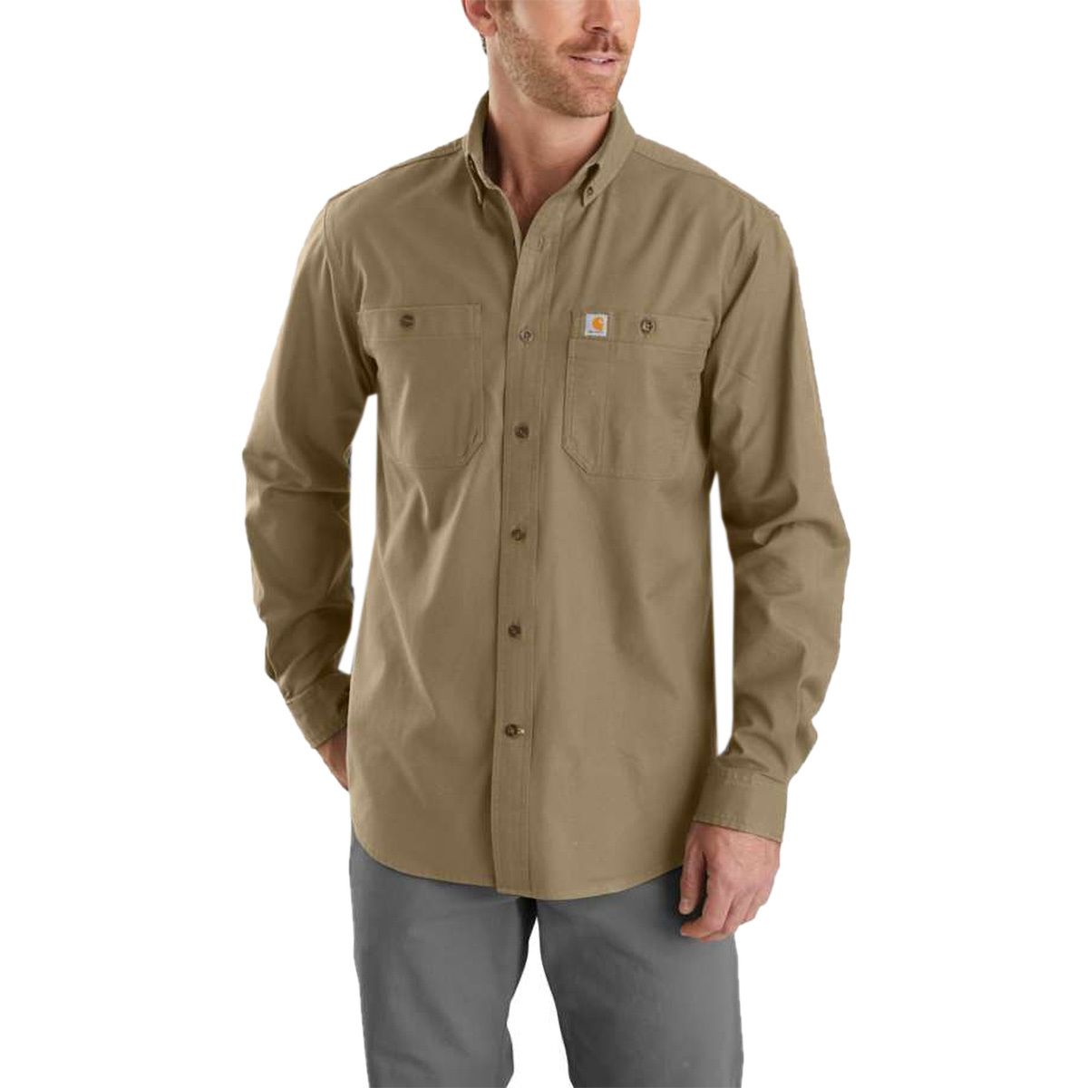 Image of Carhartt Rugged Flex Midweight Canvas Long-Sleeve Shirt - Men's Dark Khaki, XXL