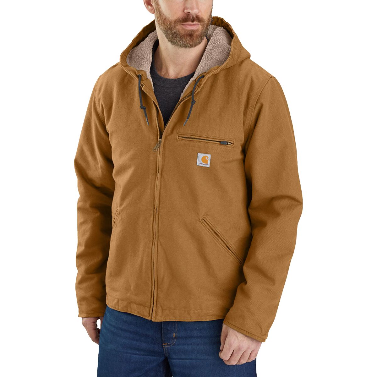 Image of Carhartt OJ392 Washed Duck Sherpa Lined Hooded Jacket - Men's Carhartt Brown, XXL