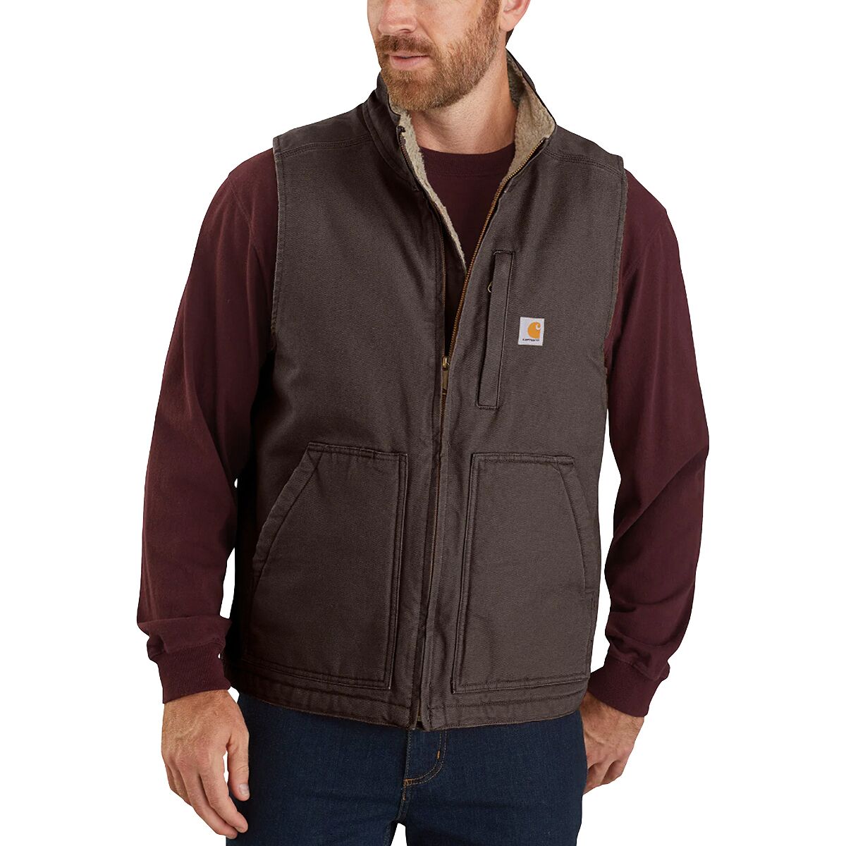 Image of Carhartt Sherpa-Lined Mock-Neck Vest - Men's Dark Brown, M