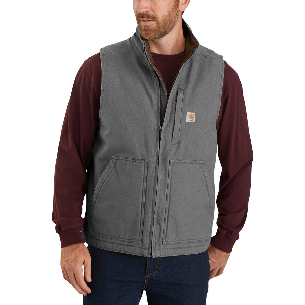 Image of Carhartt Sherpa-Lined Mock-Neck Vest - Men's Gravel, XL