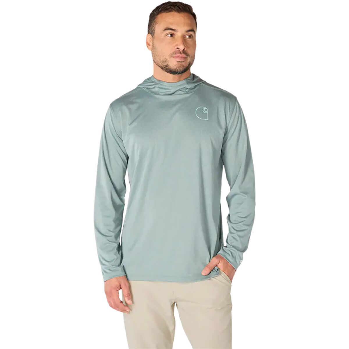 Image of Carhartt Force SunDefender LW Long-Sleeve Hooded Logo T-Shirt - Men's Green Slate Heather, XL