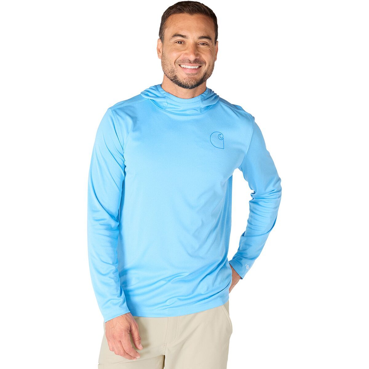 Image of Carhartt Force SunDefender LW Long-Sleeve Hooded Logo T-Shirt - Men's Tranquil Blue Heather, XXL
