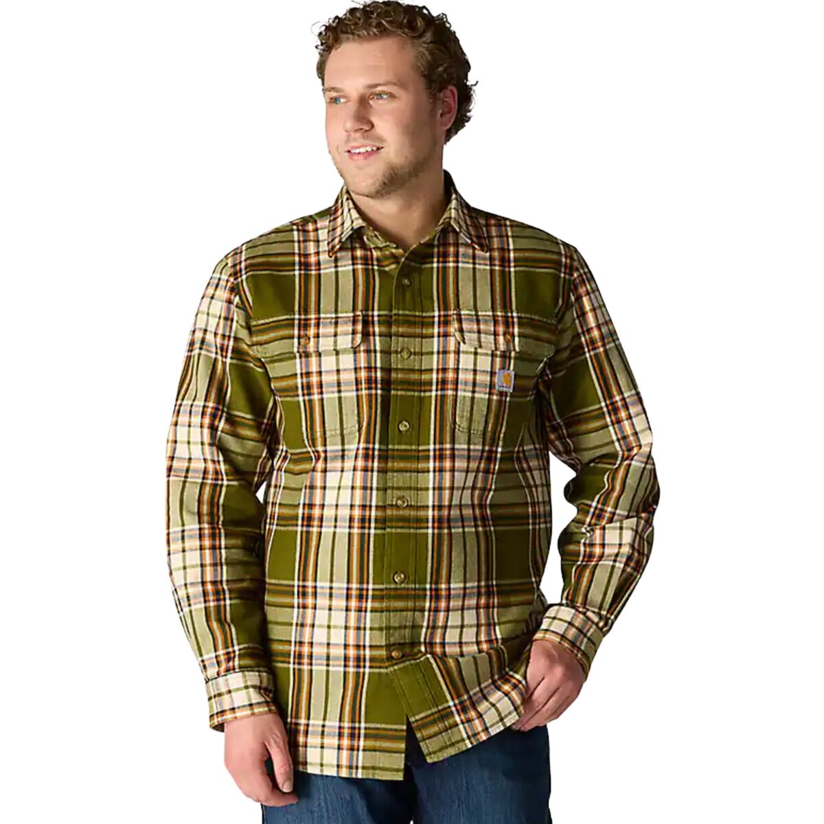Image of Carhartt Loose Heavyweight Flannel LS Plaid Shirt - Men's Dark Bronzed Green, S