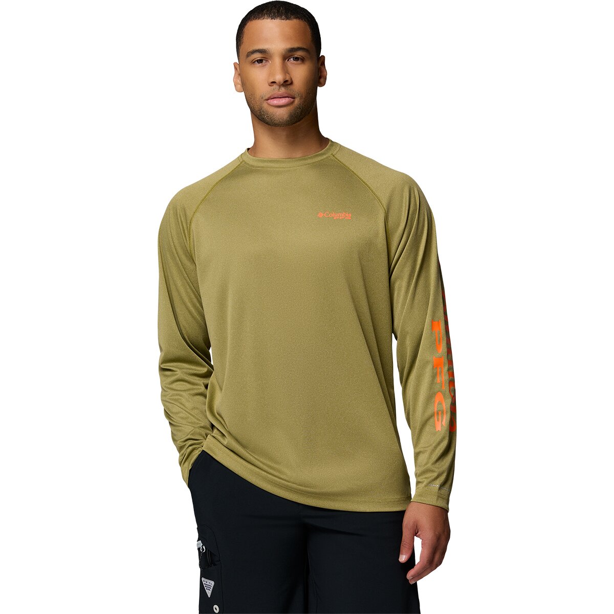 Image of Columbia Terminal Tackle Shirt - Men's Grove Green Heather/Spark Orange Logo, L