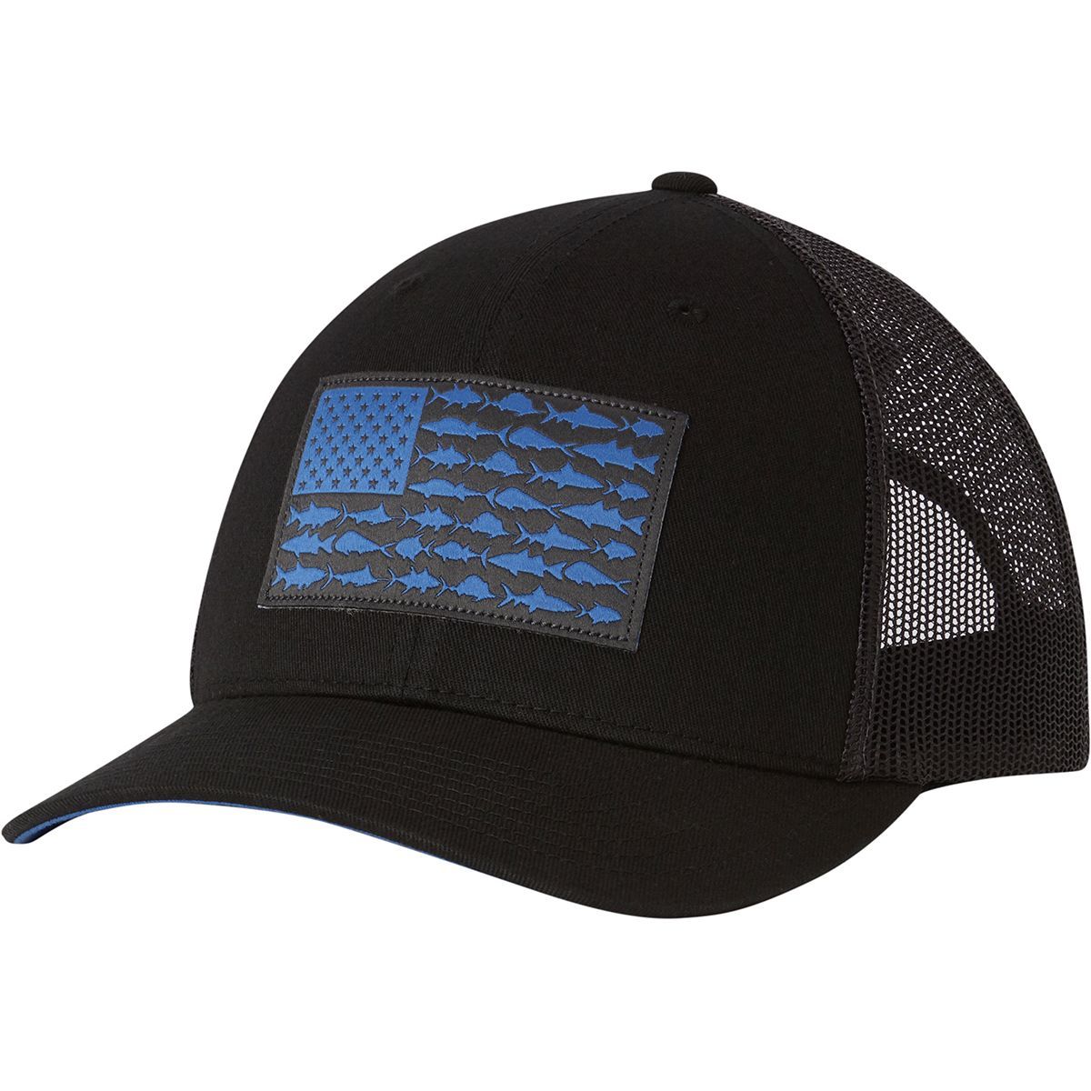 Columbia PFG Mesh Snap Back Ball Cap - Men's Black/Vivid Blue Fish Flag, One Size