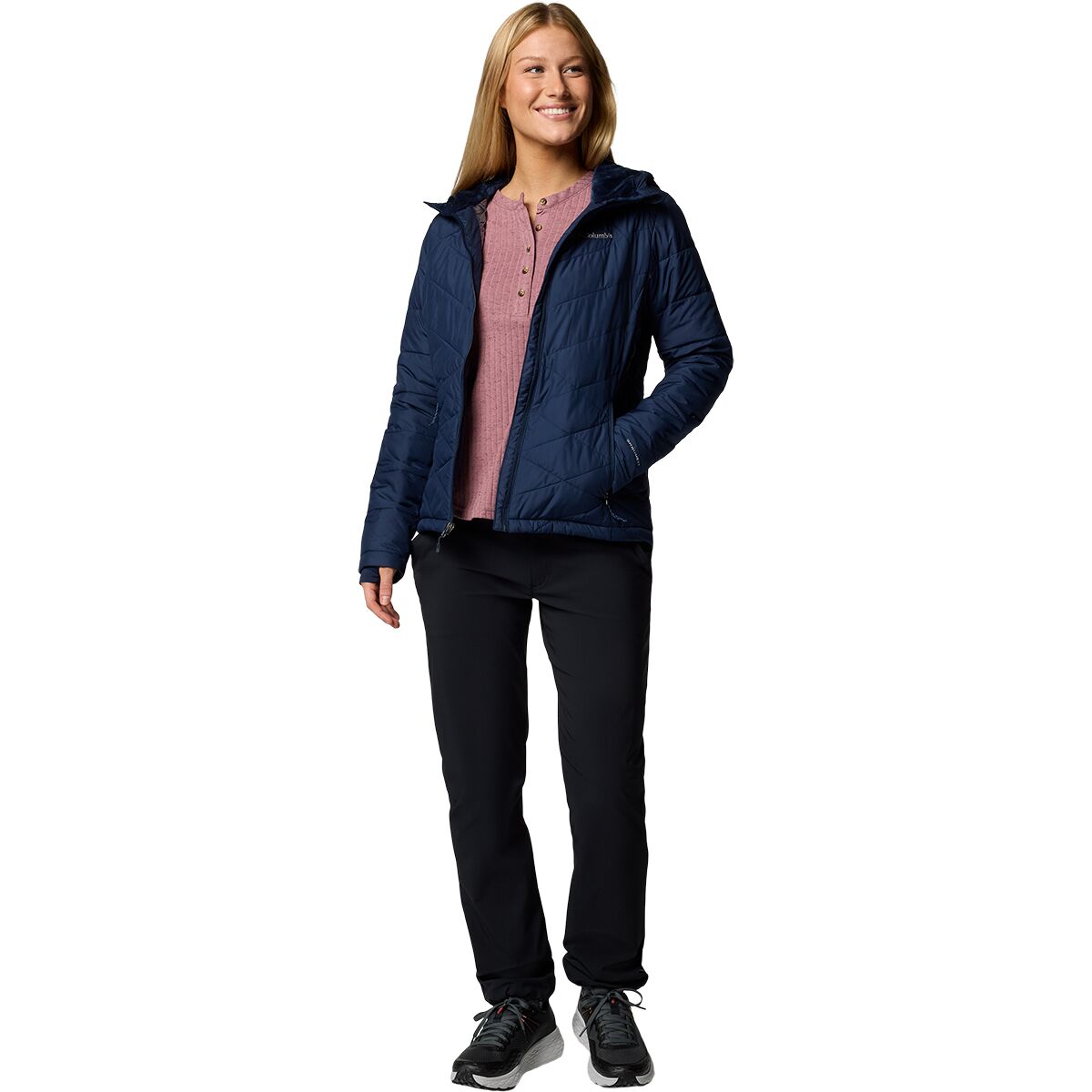 Columbia Piumino Donna Heavenly Con Cappuccio - Blu Fiume, Taglia 1X - Caldo, Resistente All'Acqua, Tecnologia Omni-Heat
