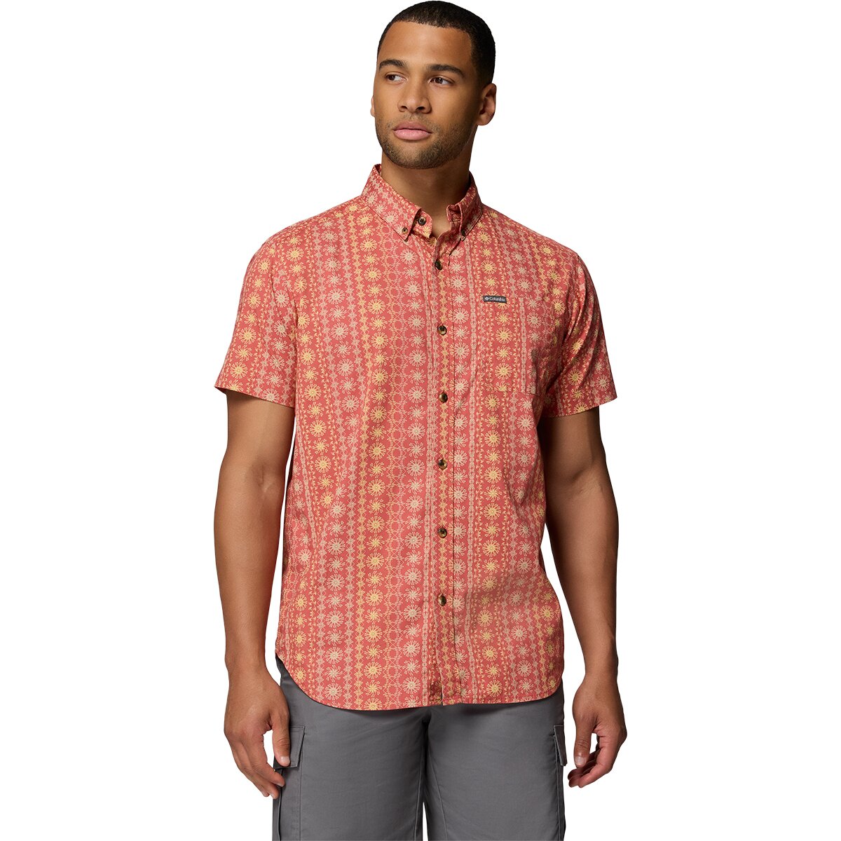 Image of Columbia Rapid Rivers Printed Short-Sleeve Shirt - Men's Washed Red/Wildflower, L