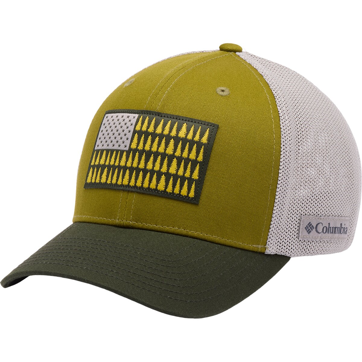 Image of Columbia Mesh Tree Flag Trucker Hat Mossy Green, L/XL