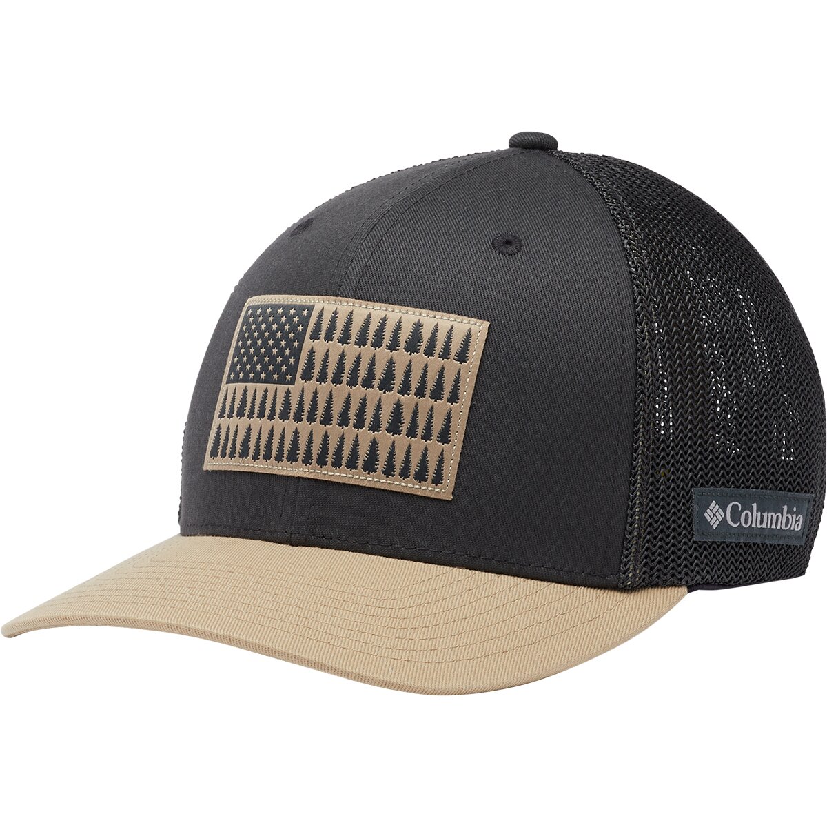 Image of Columbia Mesh Tree Flag Trucker Hat Shark/British Tan, L/XL