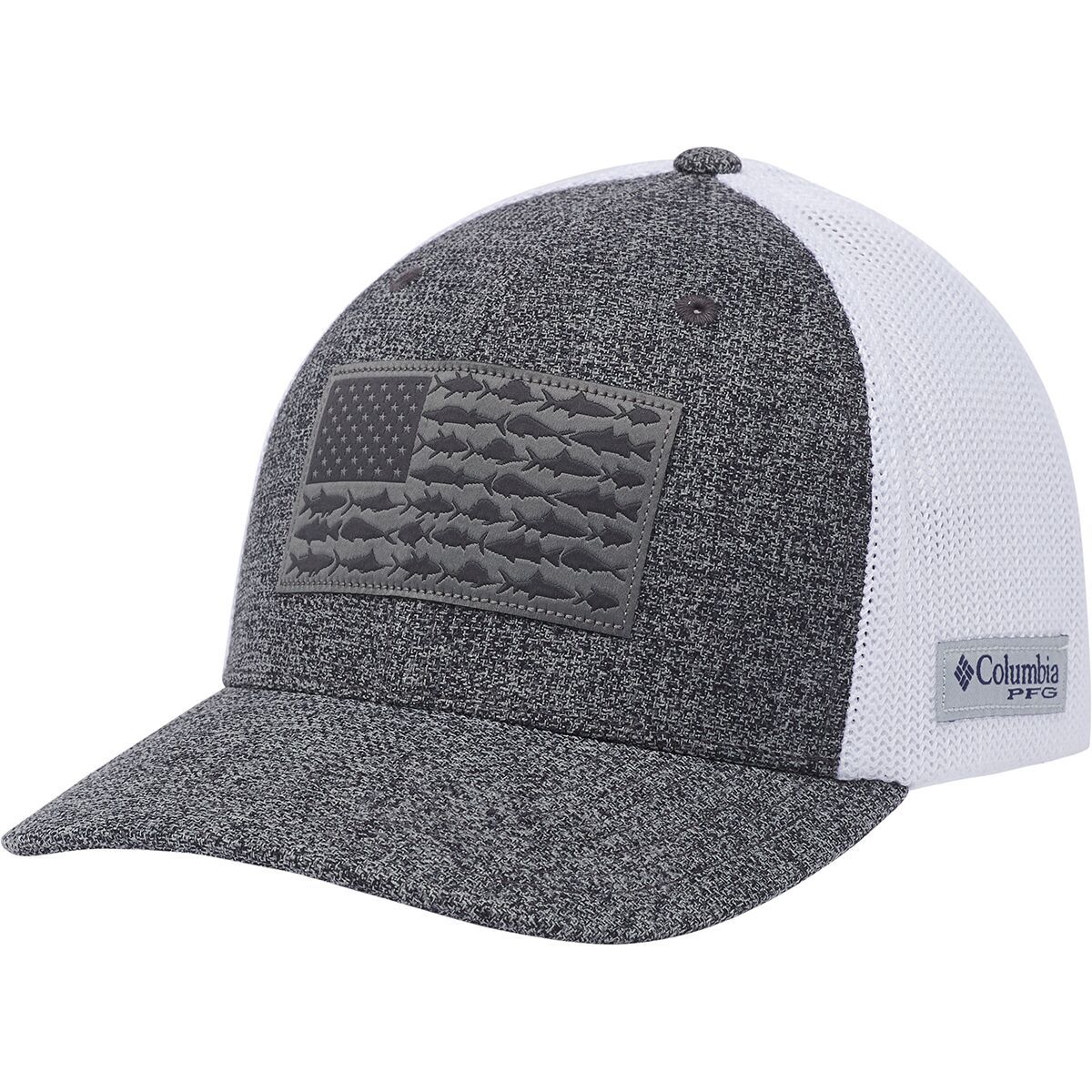 Image of Columbia PFG Mesh Fish Flag Trucker Hat Grill Heather/White/US Fish Flag, L/XL