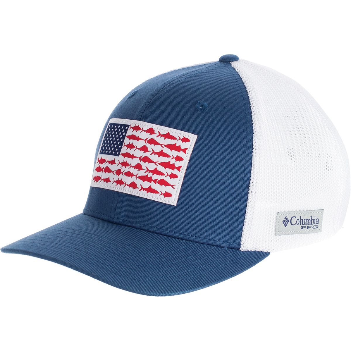 Image of Columbia PFG Mesh Fish Flag Trucker Hat Night Tide/White, L/XL