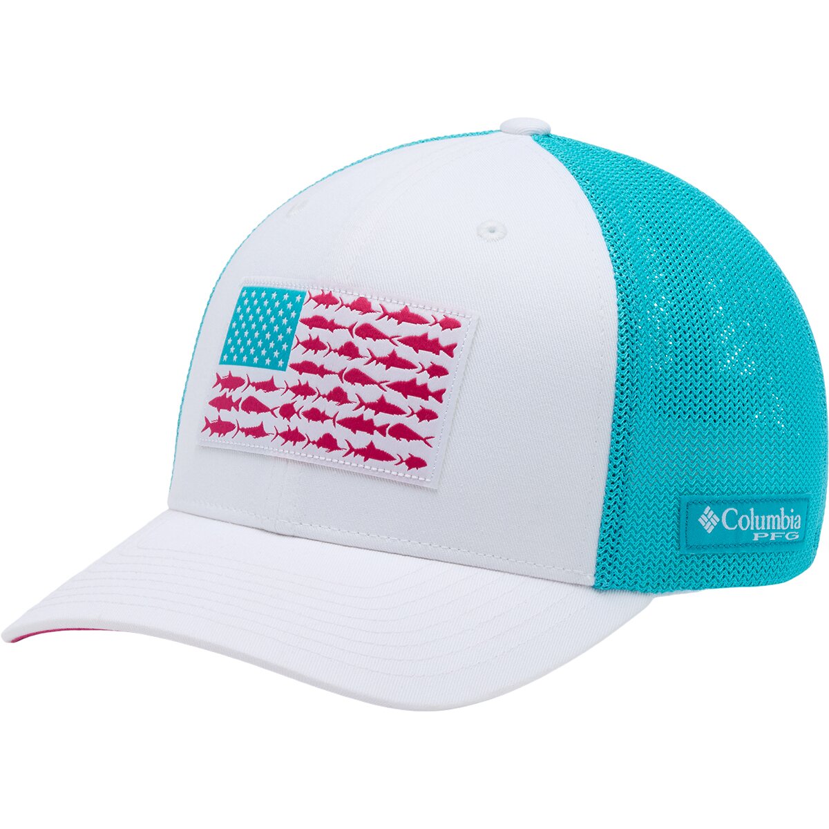 Image of Columbia PFG Mesh Fish Flag Trucker Hat White/Guava Pink/Fish Flag, XXL