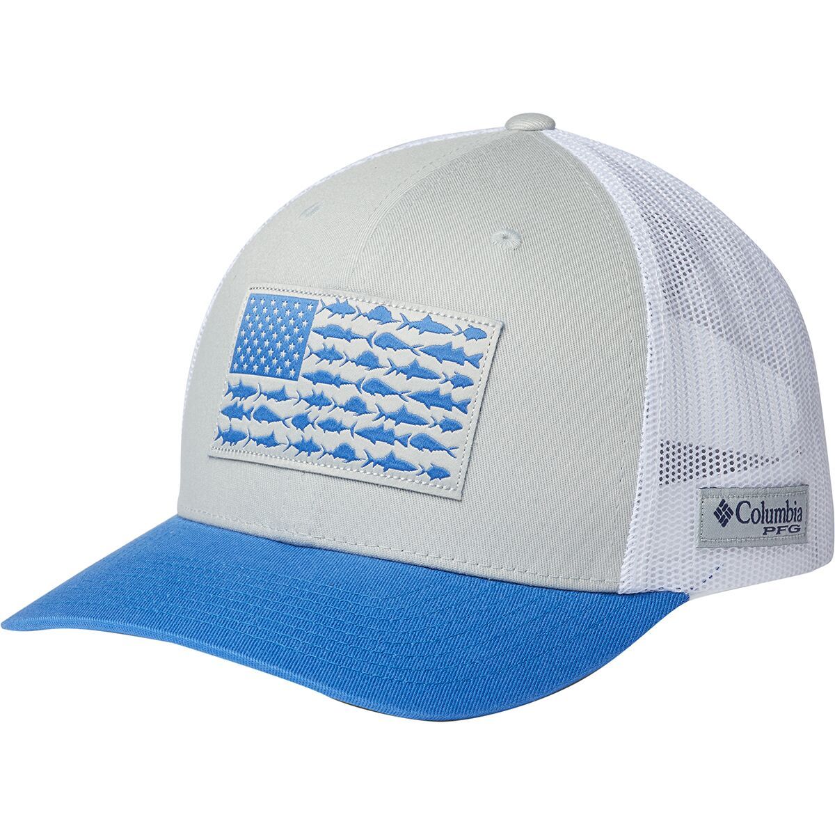 Columbia PFG Mesh Fish Flag Snap Back Trucker Hat Cool Grey/White/Vivid Blue, One Size