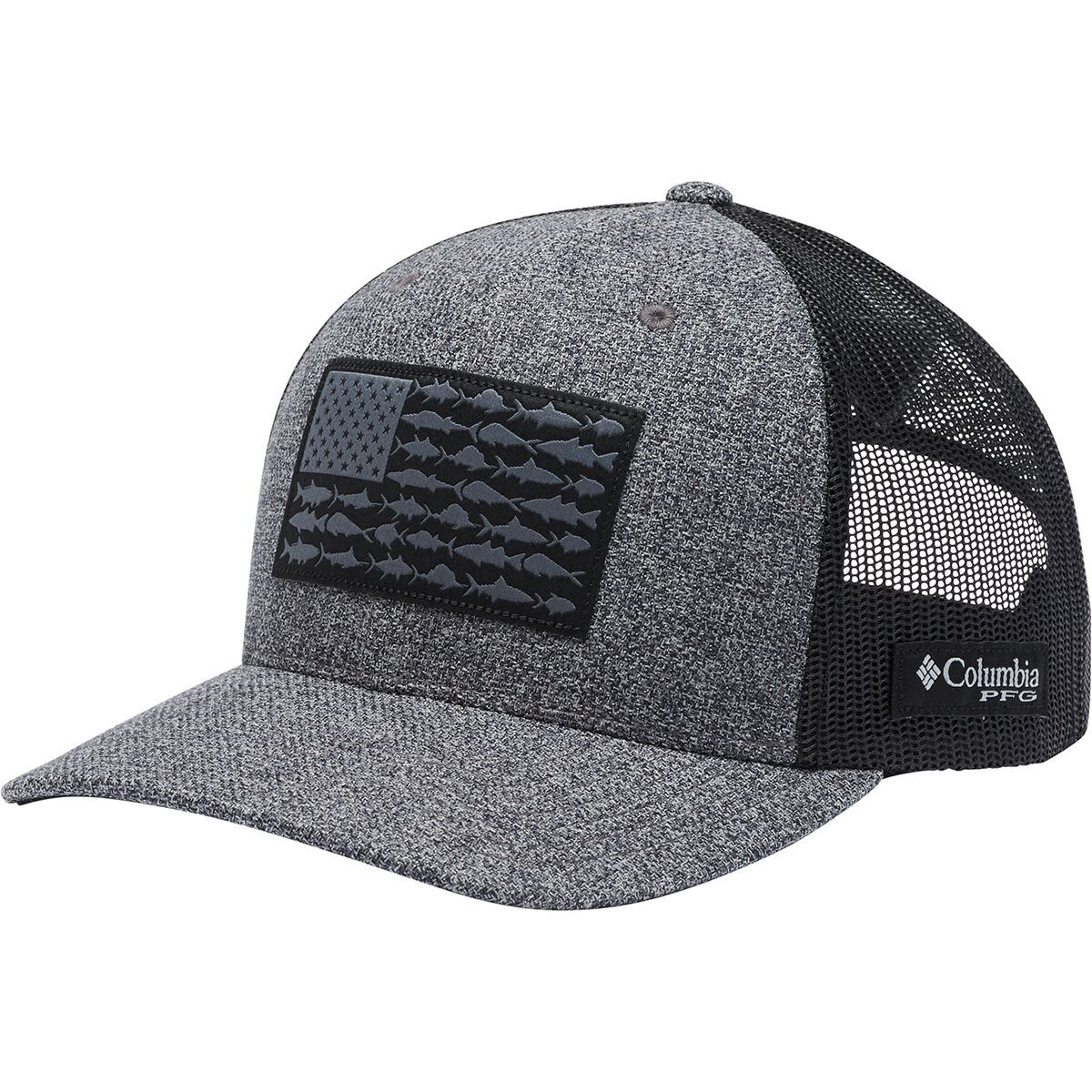 Image of Columbia PFG Mesh Fish Flag Snap Back Trucker Hat Grill Heather/Black/Fish Flag, One Size