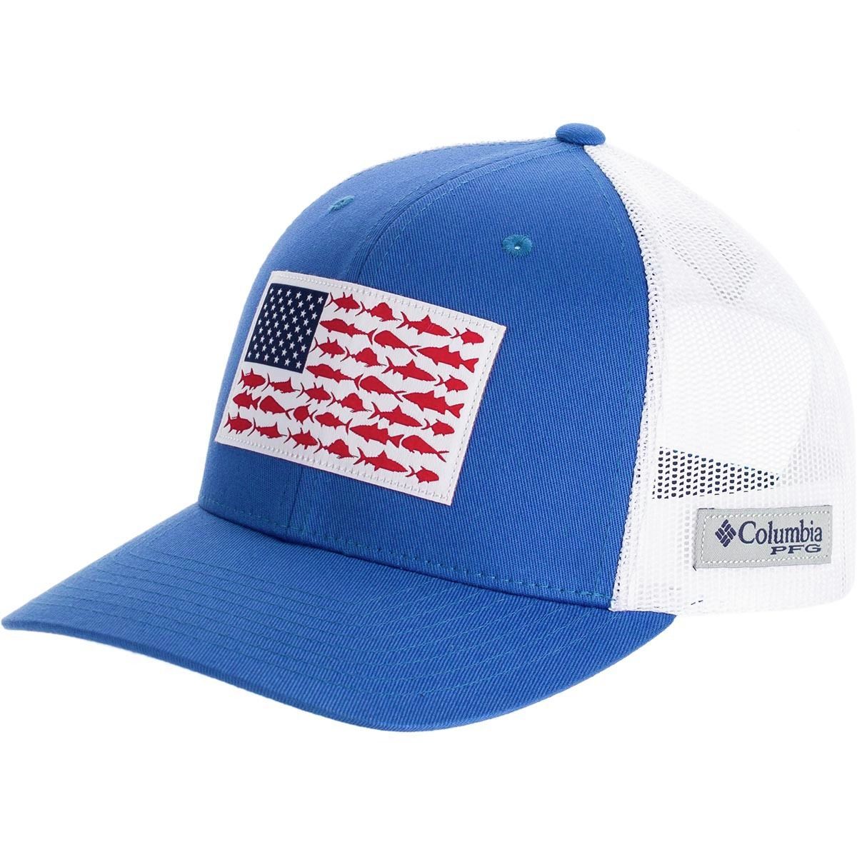 Image of Columbia PFG Mesh Fish Flag Snap Back Trucker Hat Vivid Blue/White, One Size
