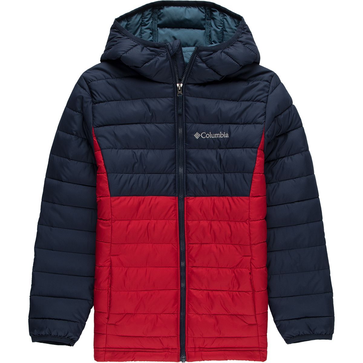 Columbia Powder Lite Hooded Insulated Jacket - Boys' Mountain Red/Collegiate Navy, M