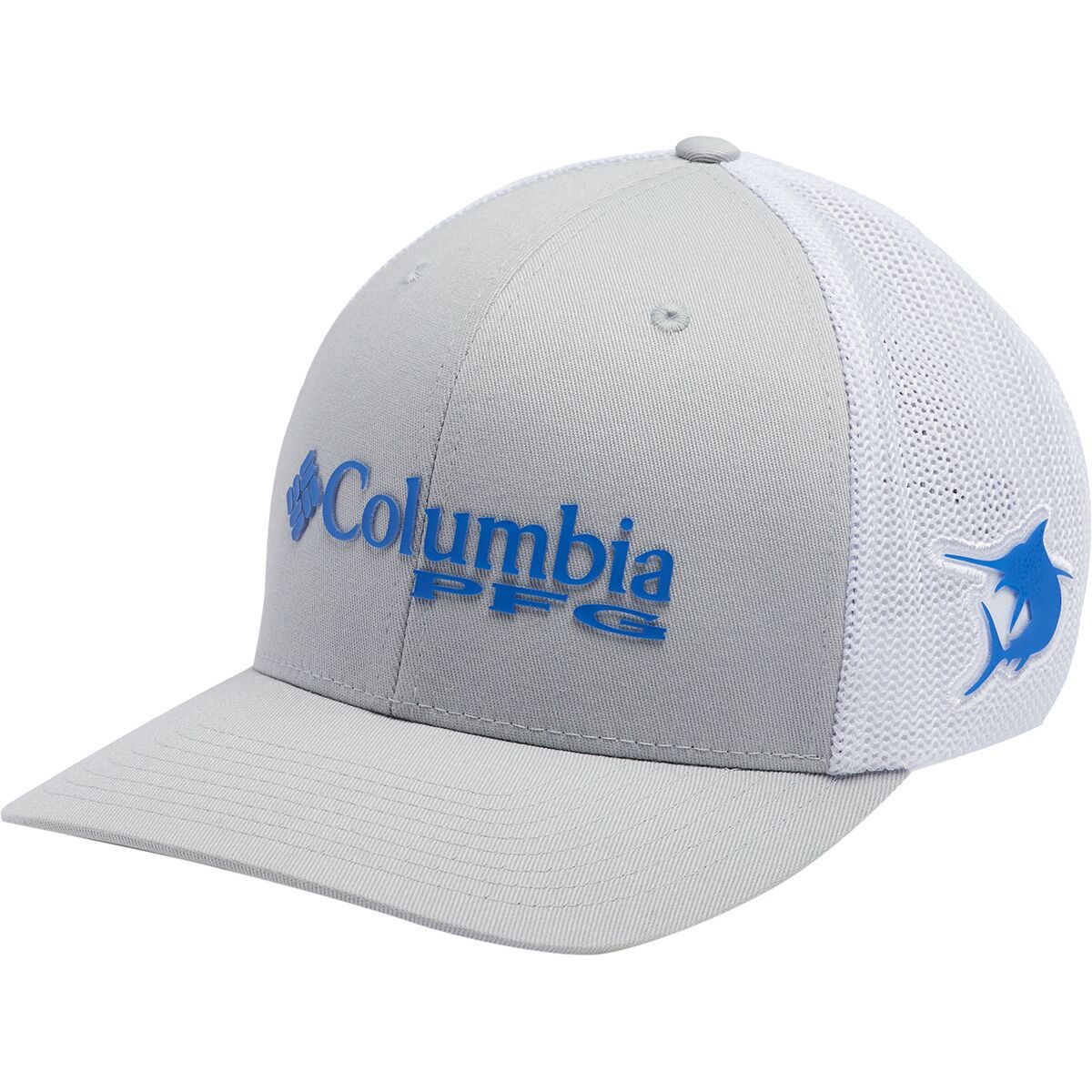 Columbia PFG Mesh Trucker Hat - Men's Cool Grey/White/Vivid Blue/Marlin, S/M