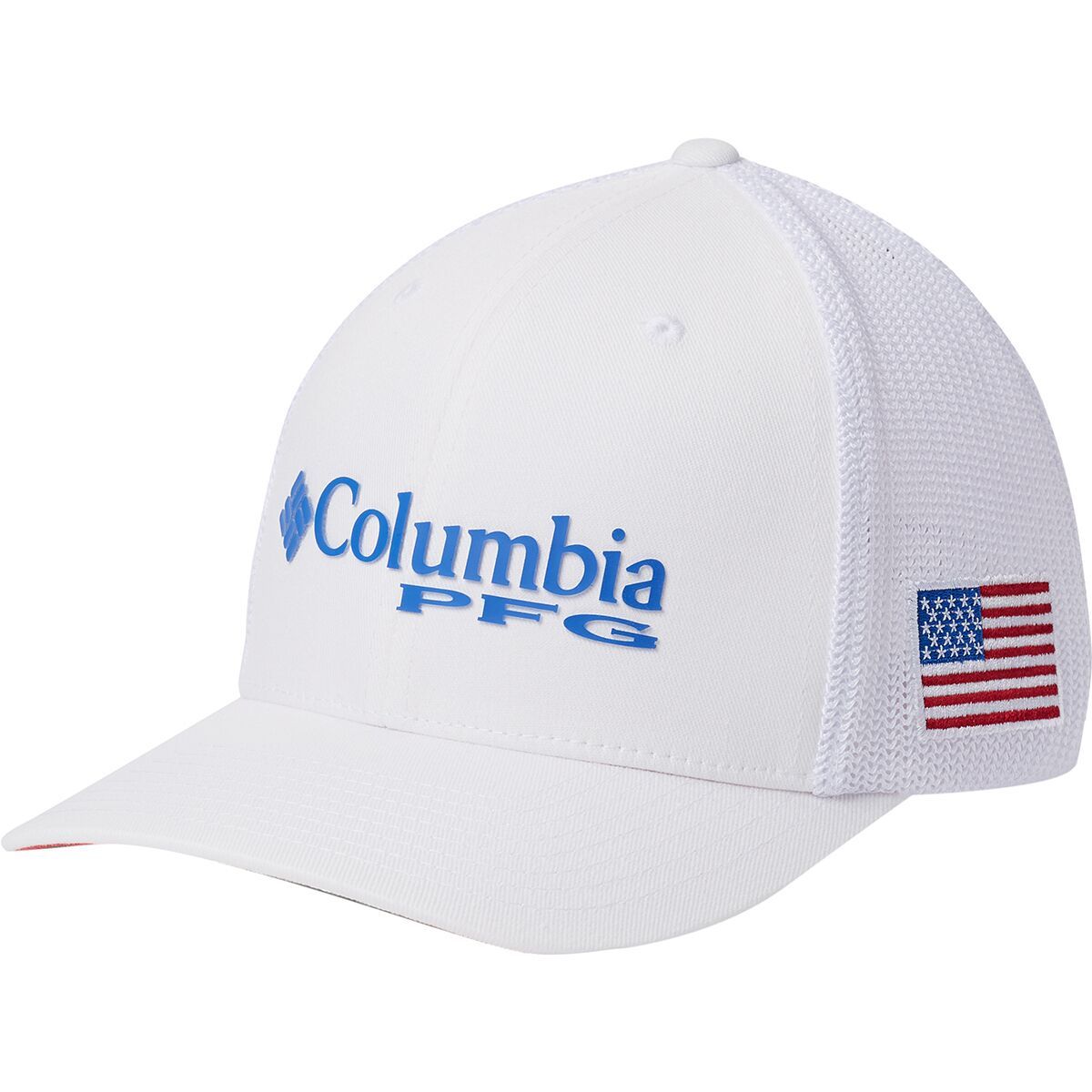 Columbia PFG Mesh Trucker Hat - Men's White/Vivid Blue/Usa Flag, L/XL