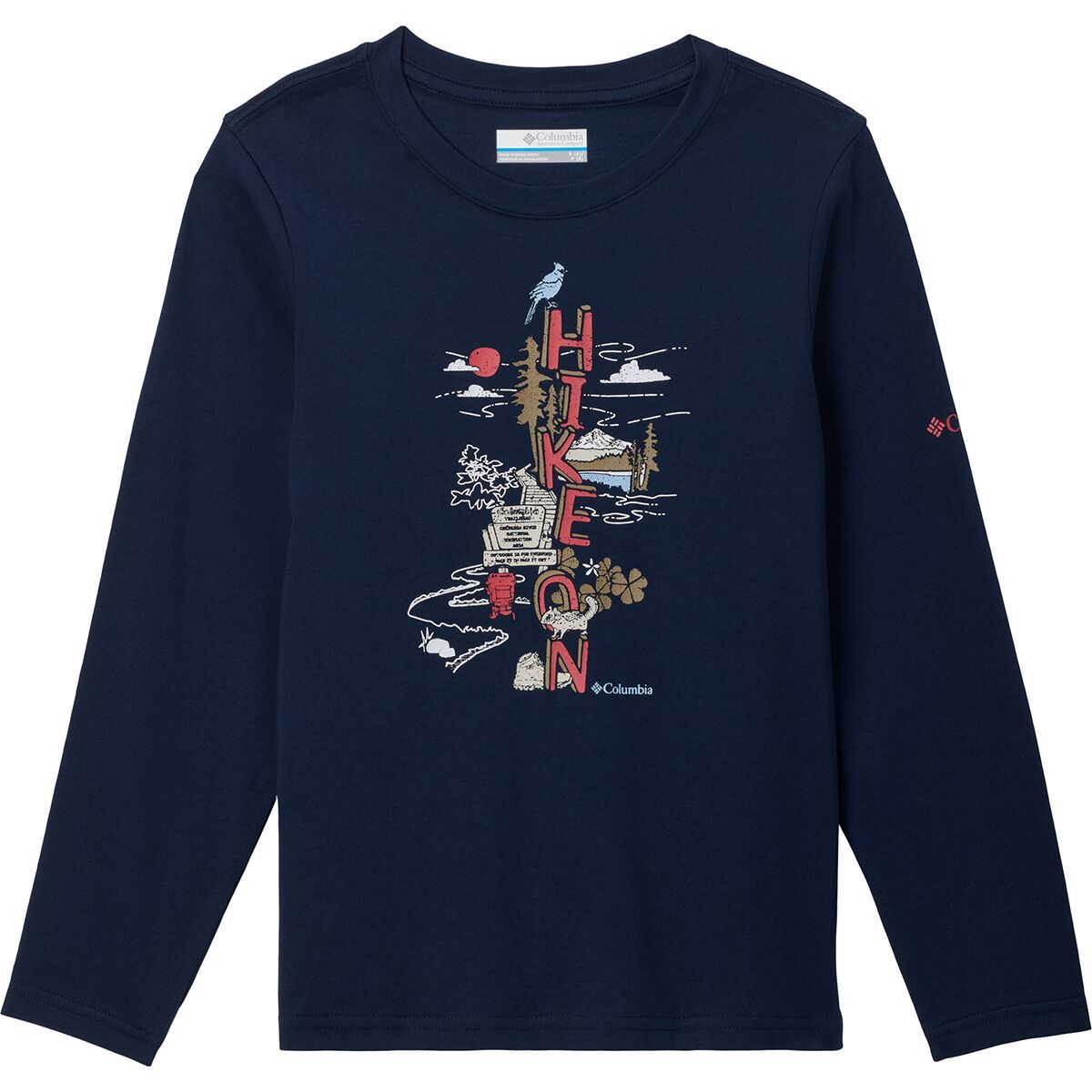 Image of Columbia Dobson Pass Long-Sleeve Graphic T-Shirt - Kids' Collegiate Navy/Hike On, XS