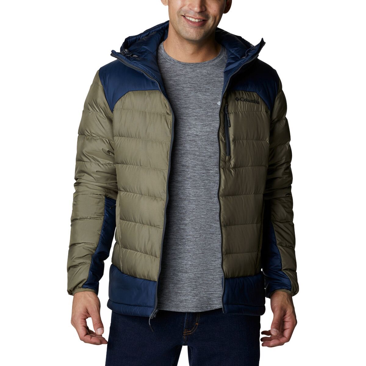 Columbia Autumn Park Down Hooded Jacket - Men's Stone Green/Collegiate Navy, XXL