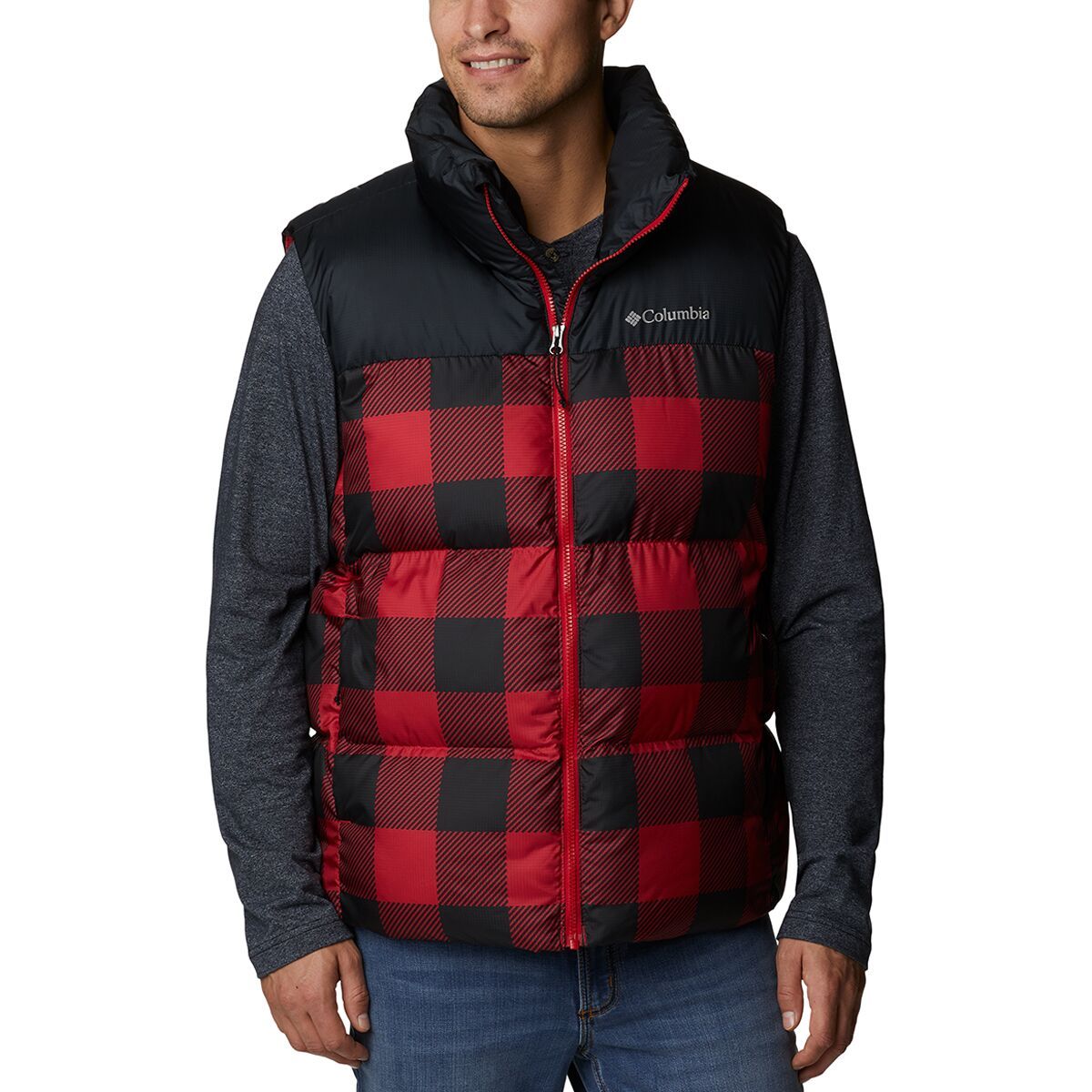 Columbia Puffect II Vest - Men's Mountain Red Check Print/Black, L