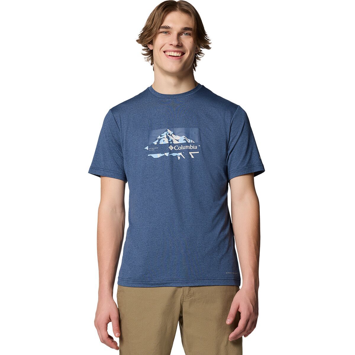 Image of Columbia Kwick Hike Graphic T-Shirt - Men's Collegiate Navy Heather/Peak Direction, M