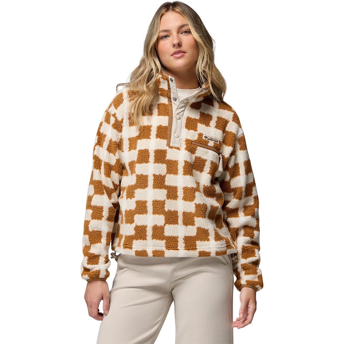 Image of Columbia Helvetia II Printed Cropped 1/2-Snap Pullover - Women's Camel Brown/Geostack, XS