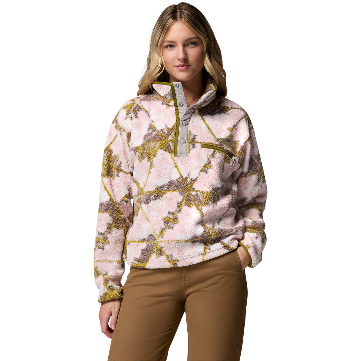Image of Columbia Helvetia II Printed Cropped 1/2-Snap Pullover - Women's Pink Agate/Florascope, M