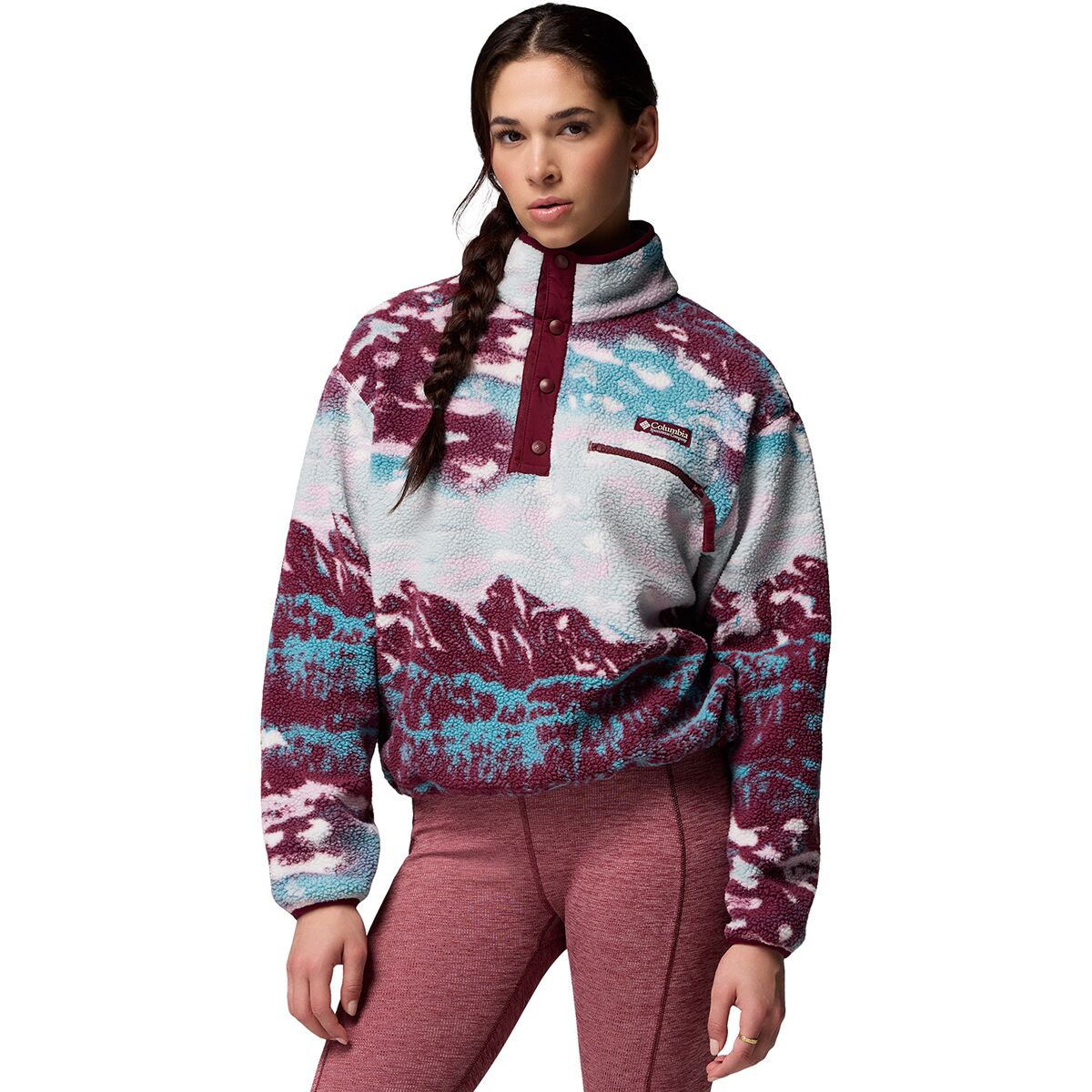 Image of Columbia Helvetia II Printed Cropped 1/2-Snap Pullover - Women's Rich Wine Sisters/Rich Wine, XL