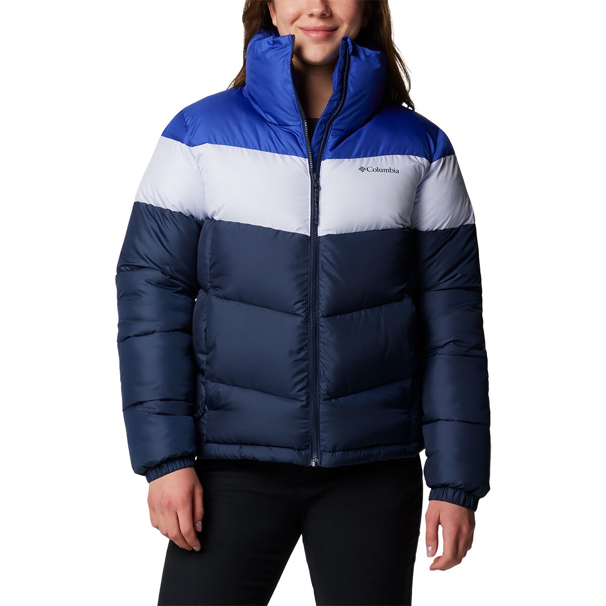 Image of Columbia Puffect II Colorblock Jacket - Women's Collegiate Navy/Snowdrift/Clematis Blu, M
