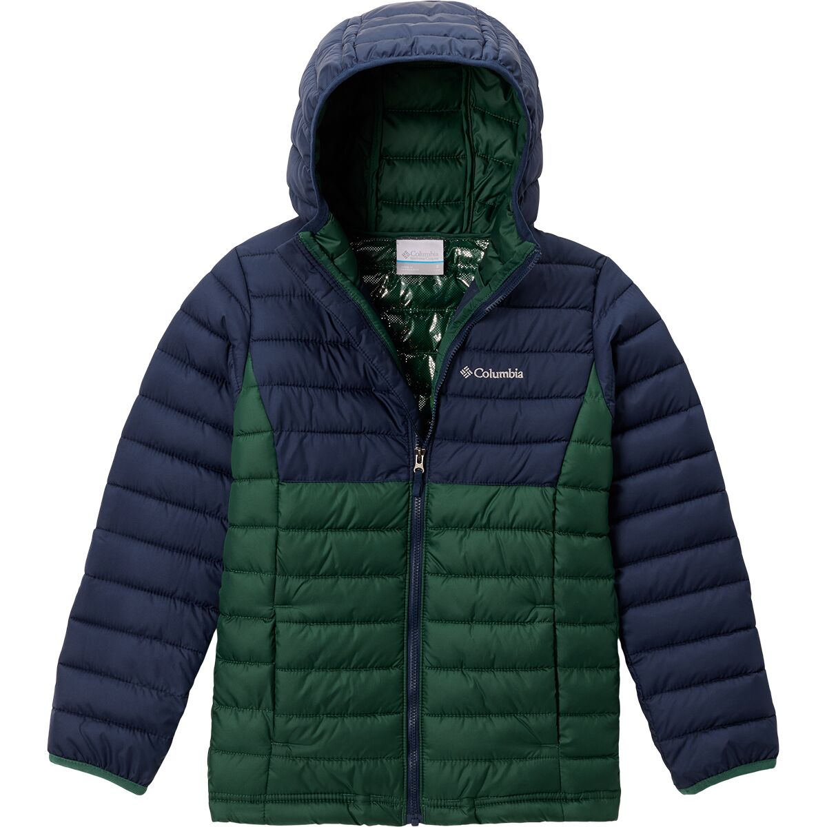 Image of Columbia Powder Lite II Hooded Jacket - Boys' Rain Forest/Collegiate Navy, XL