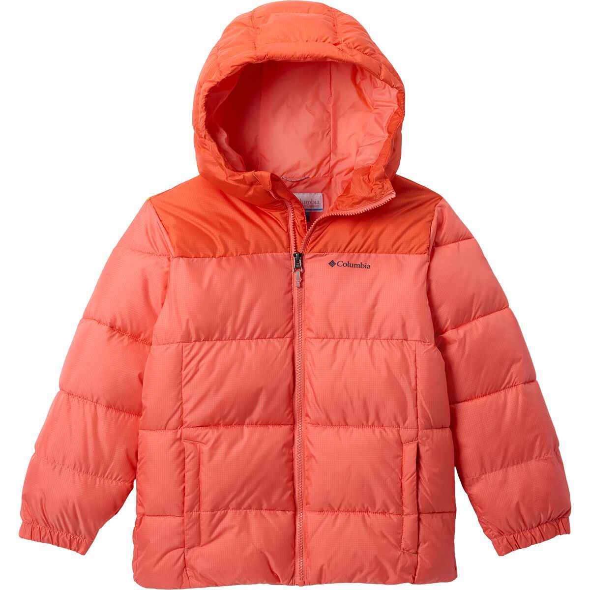 Image of Columbia Puffect Hooded Jacket - Kids' Hot Coral/Zing, L