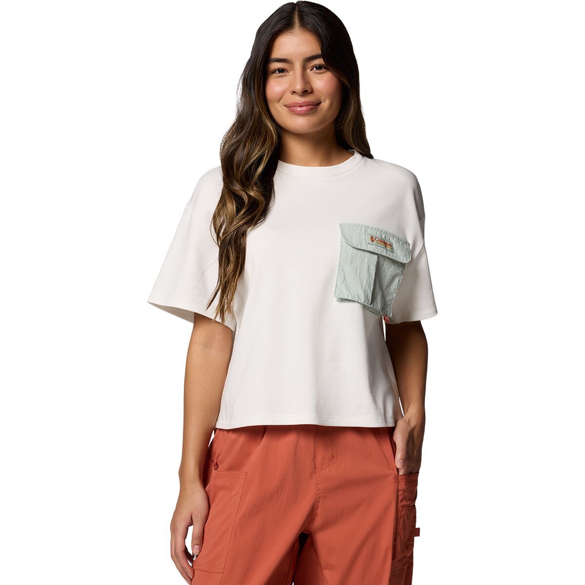 Image of Columbia Cove Beach Cropped Pocket T-Shirt - Women's Sea Salt/Cool Green, L